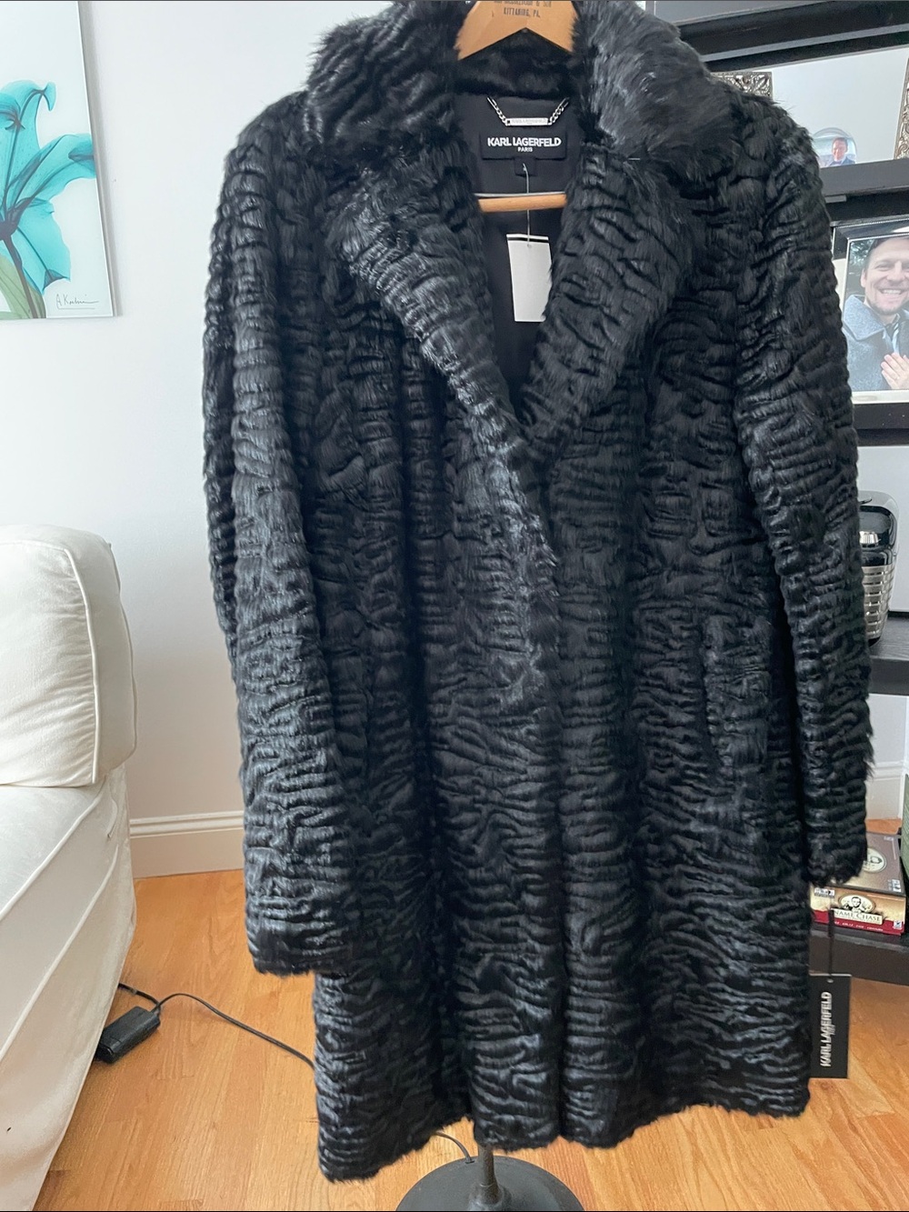 Karl Lagerfeld Black Textured Faux Fur Coat - Women's Long Outerwear